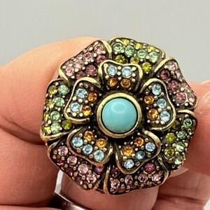 VINTAGE HEIDI DAUS  SIZE  8 3/4 ORNATE FLOWER BLOSSOM TURQUOISE BEAD RING